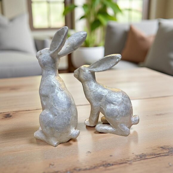 Faux Capiz Bunny Pair French Country Coastal Shabby Chic Farmhouse Decor - Picture 5 of 12